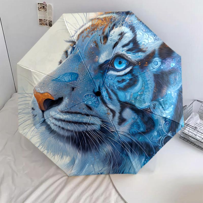 Tiger Head  Pattern, Automatic Folding Umbrella, Portable and Foldable Design, 8 Ribs, a Christmas or Birthday Gift.
