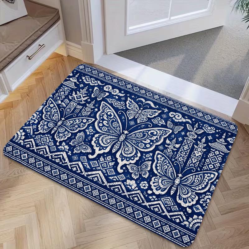 1pc, 2D Flat Printing, Chinese Blue Dye Butterfly Pattern Entrance Door Mat, Non-Slip Machine Washable Easy Clean Polyester Carpet, Suitable for Home