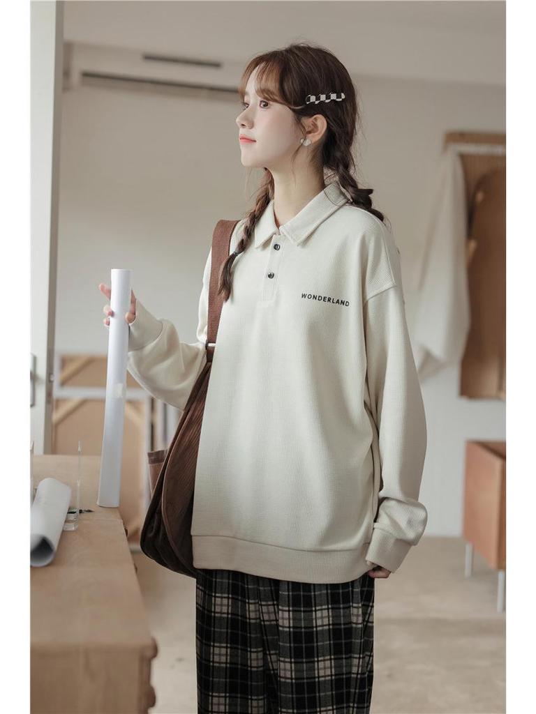Retro Loose Long Sleeve Polo Sweatshirt - Versatile Casual Student Top