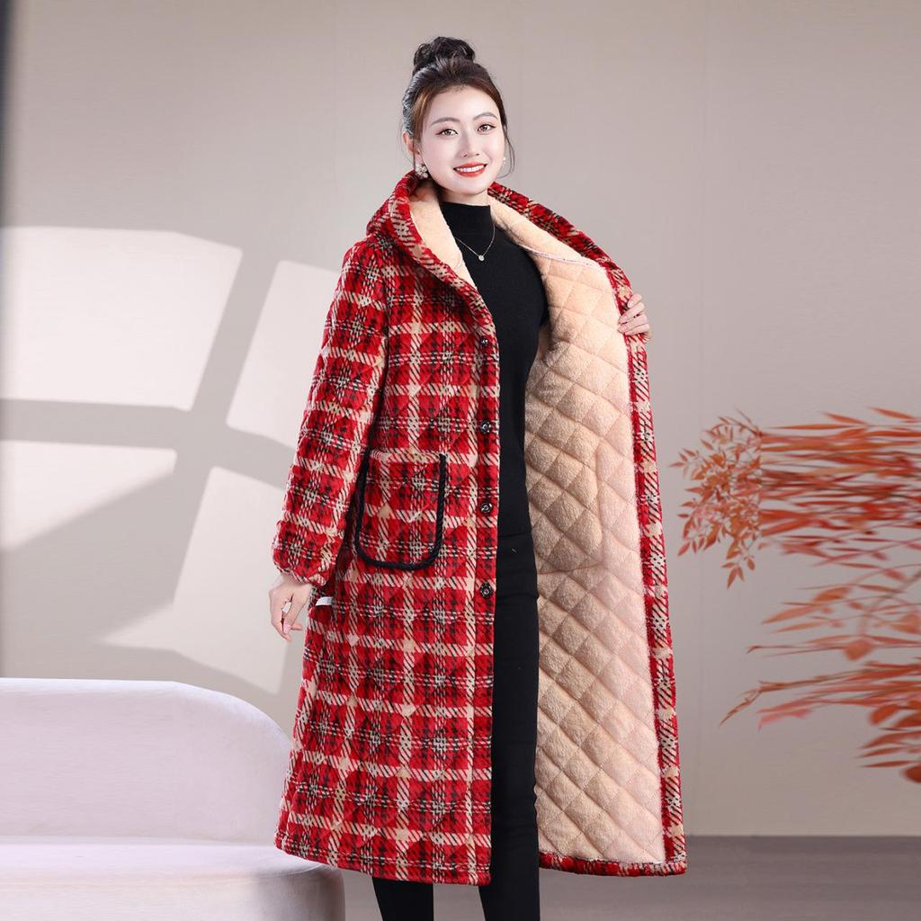 Women's Extra Long Flannel Hooded Jacket with Thick Fleece Padding for Winter Work and Home Wear