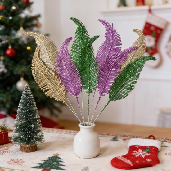 Yousheng Glitter Artificial Leaf with Stem Realistic Golden Green Purple Fake Fern Leaf Wedding Party Table Centerpiece Simulated Plants
