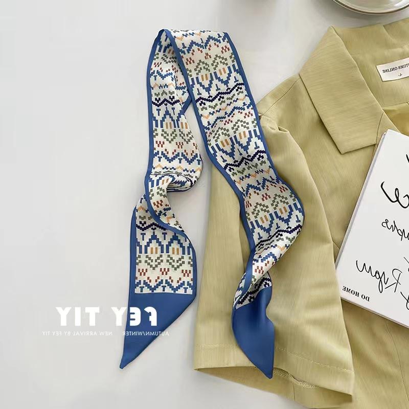 Small White And Tender Green Silk Scarf For Women, Thin Streamer, Headband, Hair Tie, Bag Decoration Long