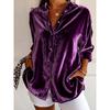 Spring Women's Teal Velvet Lapel Button Down Long Sleeve Casual Shirt