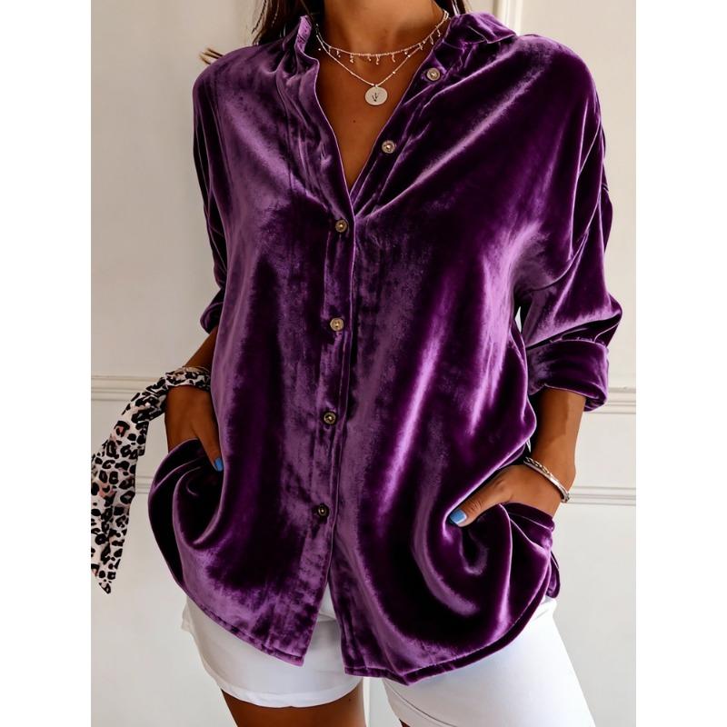 Spring Women's Teal Velvet Lapel Button Down Long Sleeve Casual Shirt