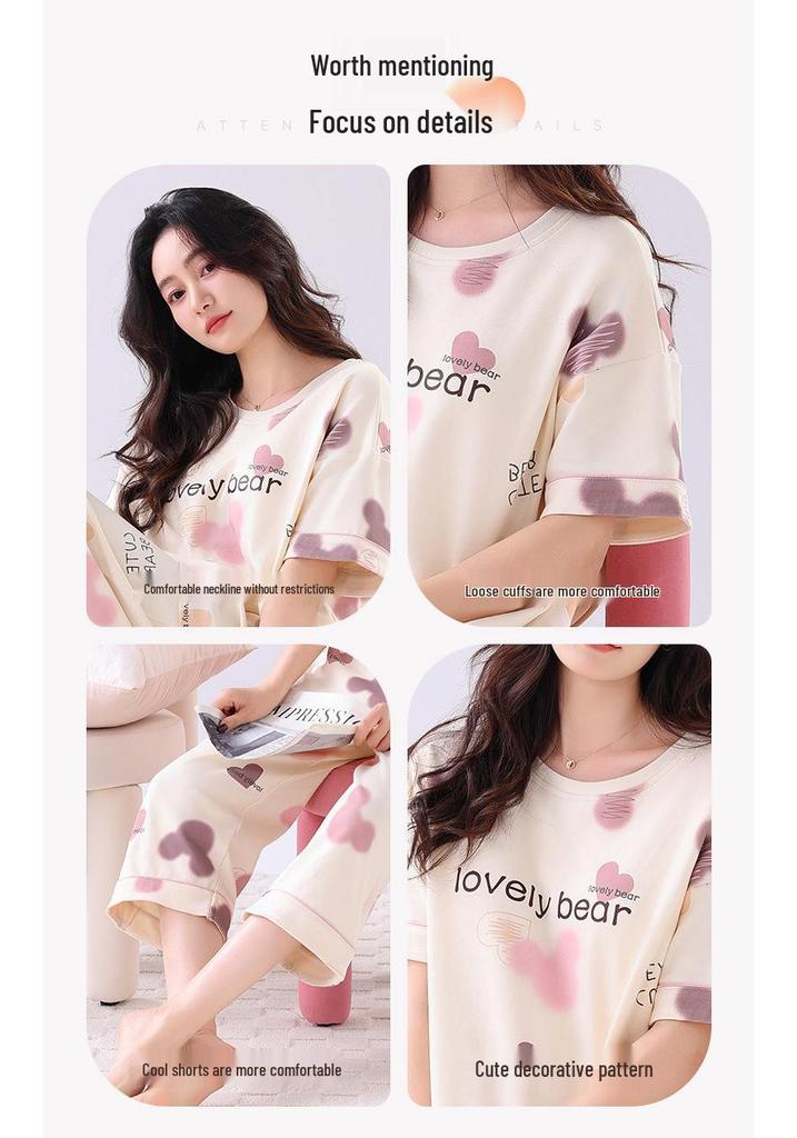 Women's Antibacterial Cotton Pajamas with Built-in Bra Pads - Short Sleeve, Cute & Comfortable Summer Loungewear Set