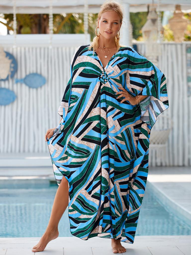 Women's Plus Size Animal Print V-Neck Batwing Kaftan Beach Dress Bathing Suit Cover-Up Loungewear