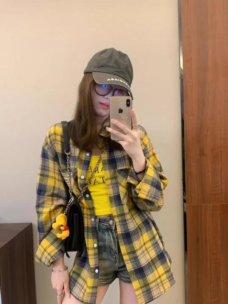 2024 Autumn Women's Versatile Egg Yellow Checkered Patchwork Long Sleeve Jacket