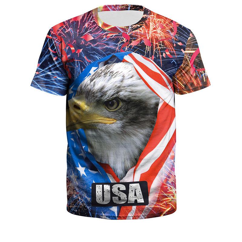 Summer Round Neck 3D American Flag and Animal Graphic Print T-shirts Fashionable Casual Short Sleeved Men's T-shirts