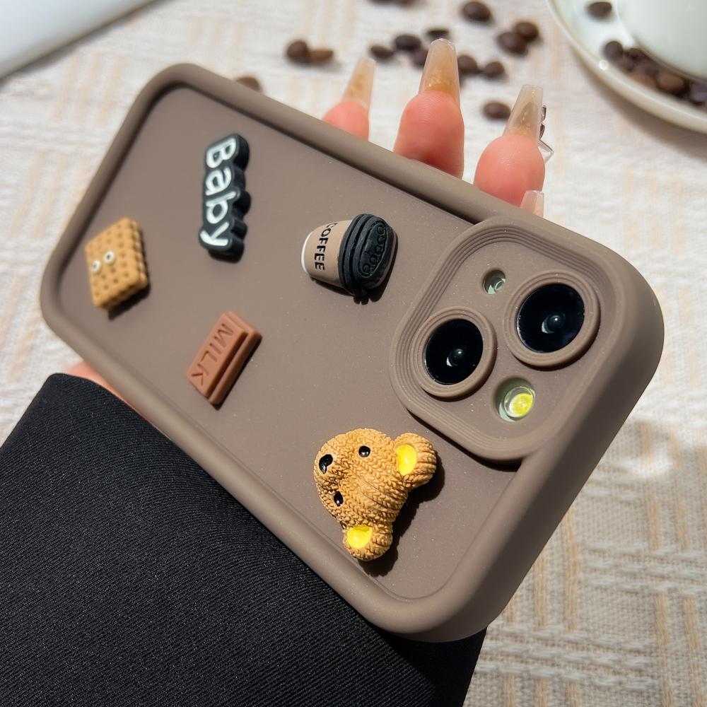 Korean Cute Cartoon 3D Coffee Bear Phone Case For iPhone 11 Case iPhone 13 12 14 16 15 Pro Max XR XS 7 8 Plus SE Soft Cover