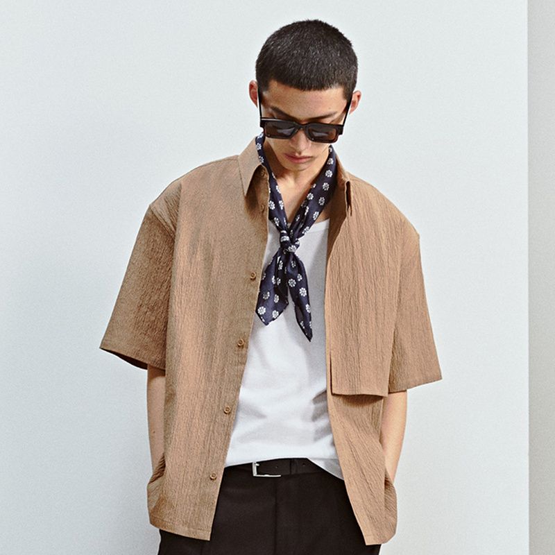 

HM Men s Shirt 2025 Summer New Polo Collar Loose Commute Leisure Pleated Shirt Tops 1288366 Brown 165/84