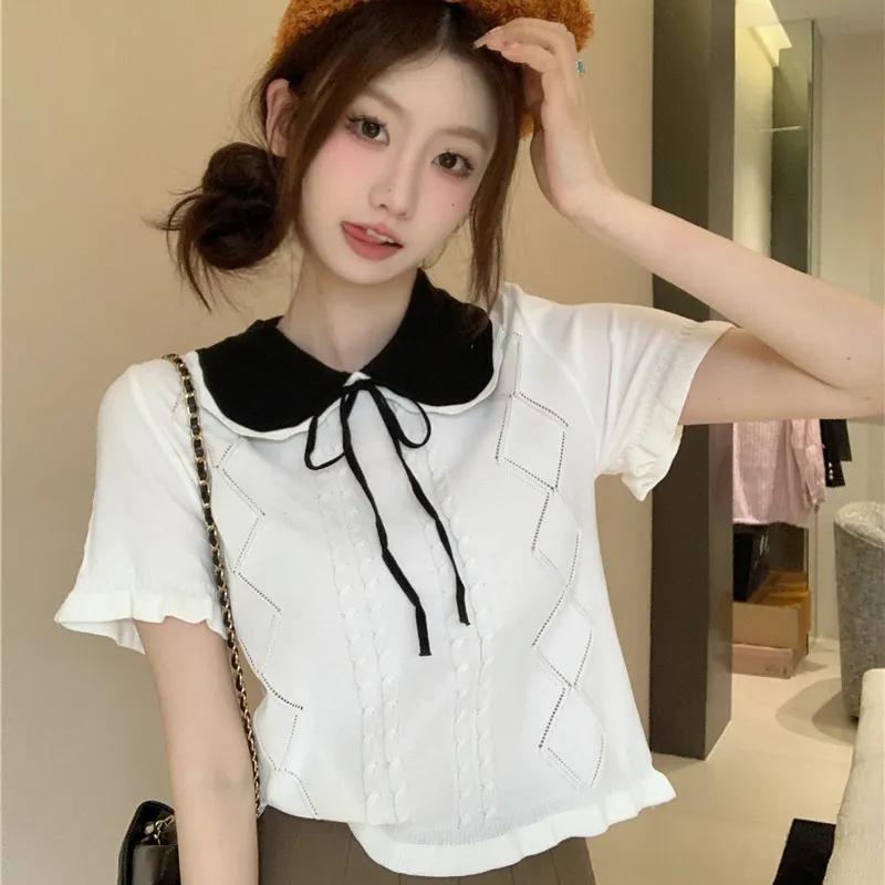 Women Bow Doll Collar Cable Knit Top