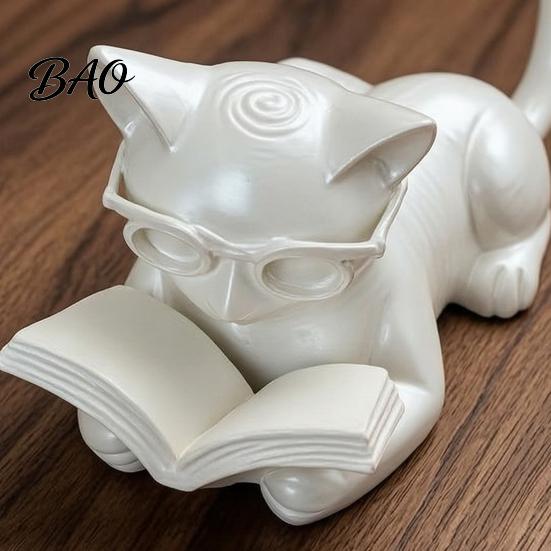 Study Room Cat Figurine Reading Ornament, 3D Printed Desk Decor with Glasses & Book, Multi-Functional Decoration Phone Stand Holder Bookend,