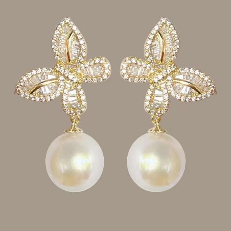 

Huitan Sweet Butterfly Drop Earrings with Imitation Pearl Sparkling CZ Romantic Gorgeous Ear Accessories Charms Party Jewelry as pictures