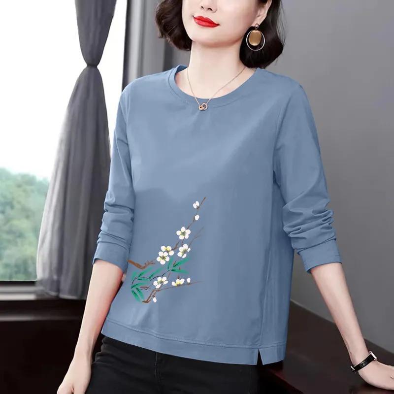 Women Spring Cotton Plum Blossom Print Crew Neck Long Sleeve Casual Top