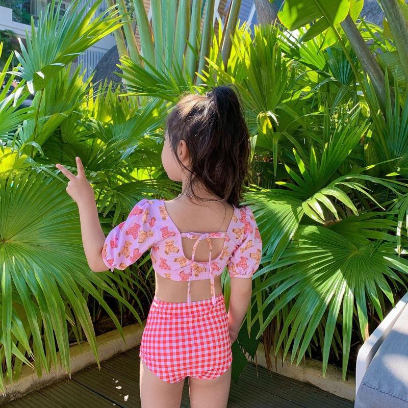 2024 New Summer Internet Celebrity Foreign Style Girls Split Swimsuit Cute Open Bear Korean Version of Beach Children's Swimsuit