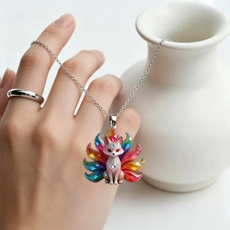 Chinese Style Nine-Tailed Fox Enamel Pendant Necklace For Women Friends Cute & Aesthetic Trendy Exquisite Jewelry Gifts