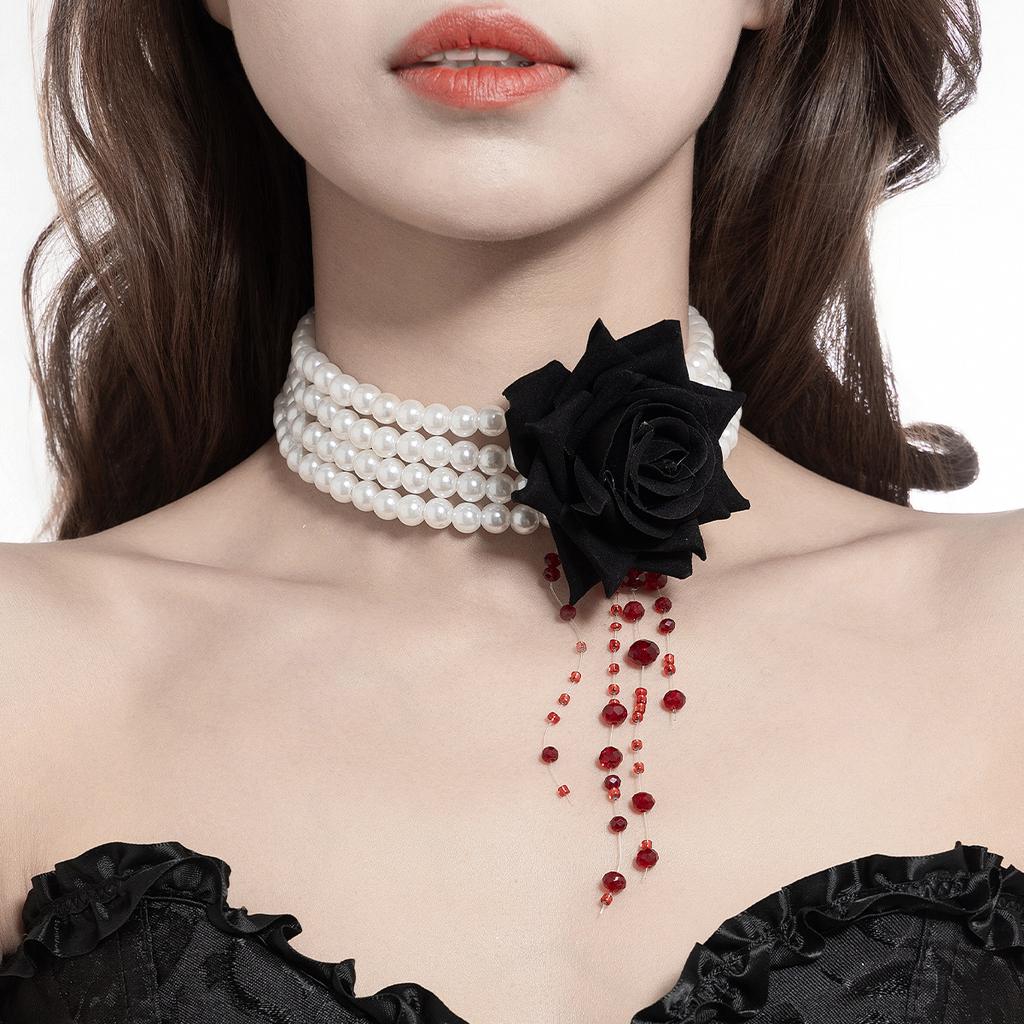 Pearl Neck Chain Multi-Layer Halloween Dark Necklace Female Beaded Blood Fringed Rose Flower Collar