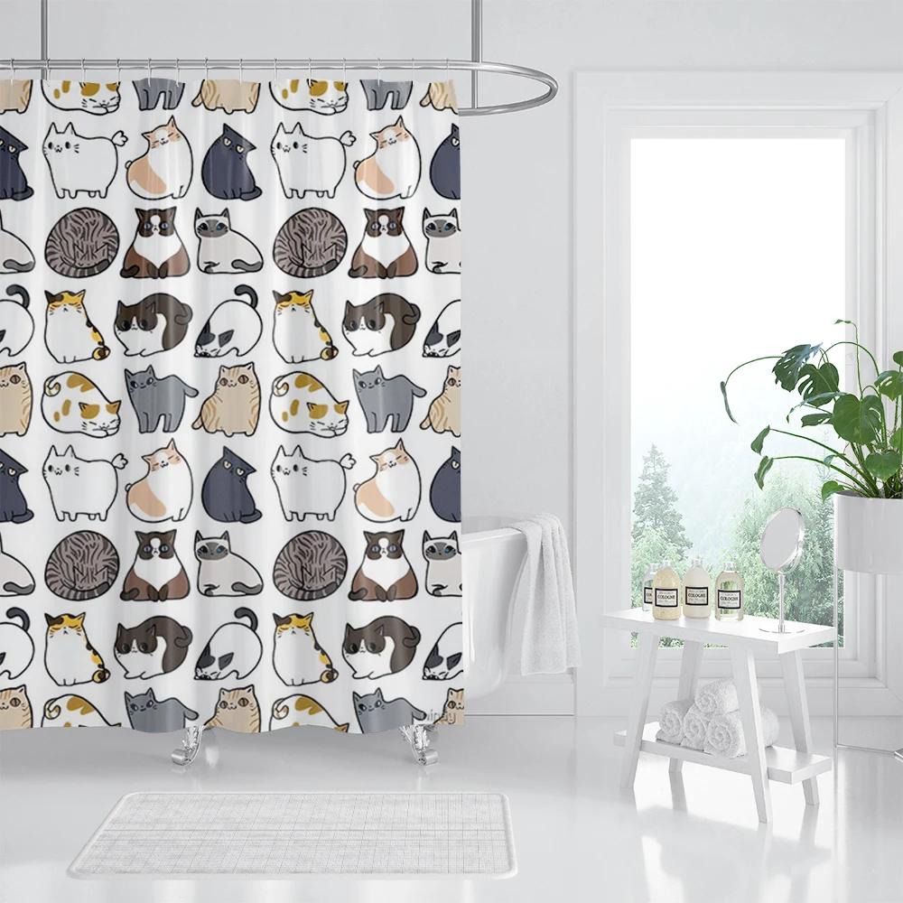 Cat Printed Shower Curtain Color Cartoon Lovely Animal Bear Polyester Fabric Hanging Curtains Bathroom Bathtub Decor with Hook
