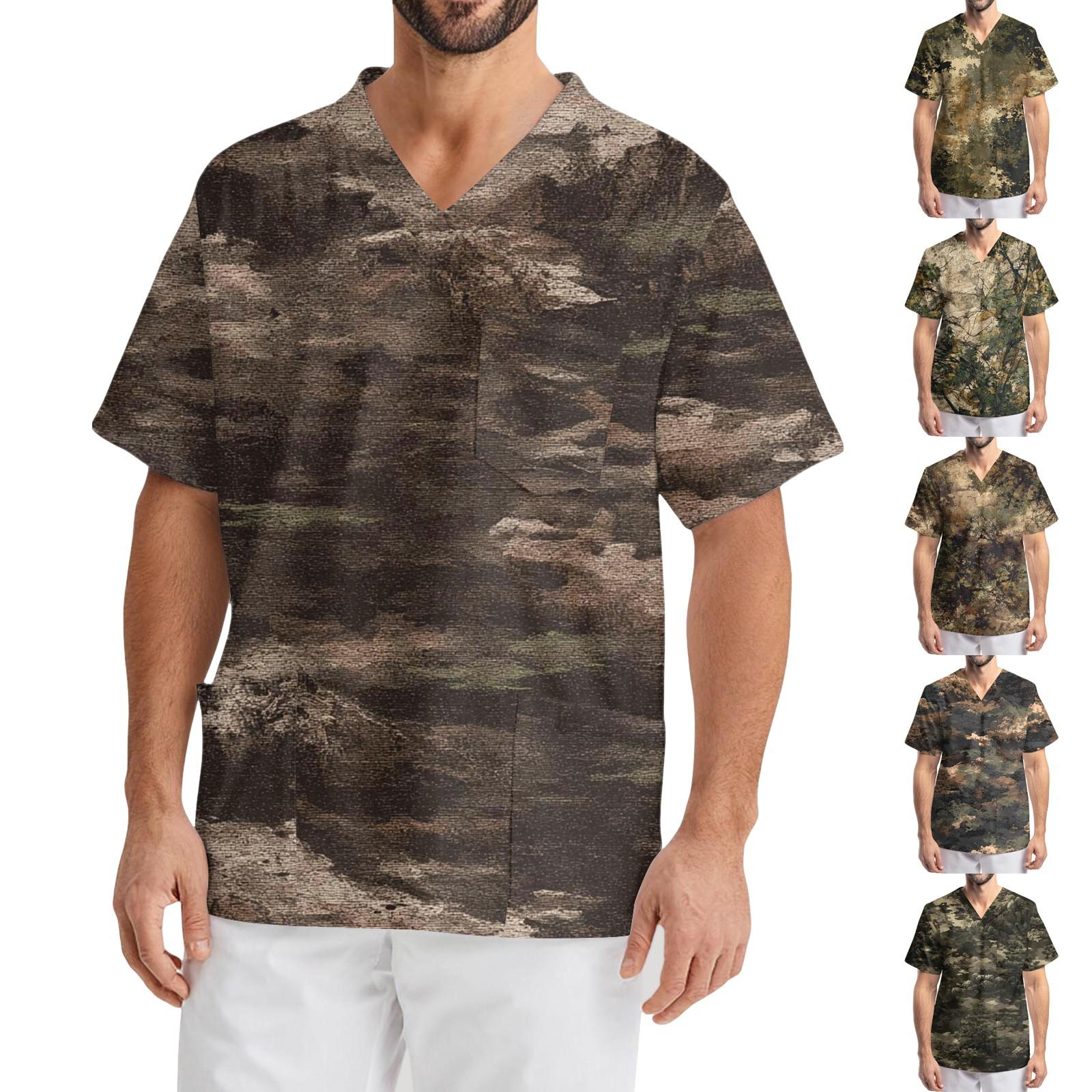 

Men s Printing Short Sleeve V-neck Working Blouse Chest Pocket Carer Top XL