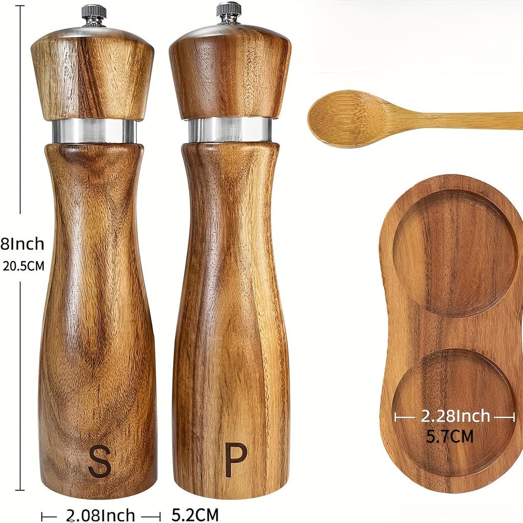 2pcs/pack Wooden Salt And Pepper Grinder Set Solid Acacia Wood Crafted Adjustable Coarseness Manual Grinder with Mill Tray