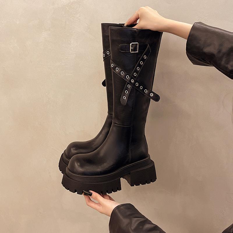 But Knee Boots Women's 2025 Autumn Explosion New Belt Buckle Handsome Heightening Tube Thick-soled Knight Boots Women's Boots