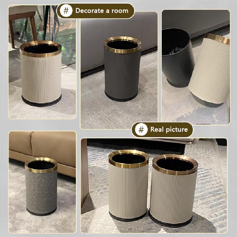 Quality Double Layer Leather Trash Can Metal Beautiful Waste Paper PU Basket Storage Bin for Bathroom  Bed Room