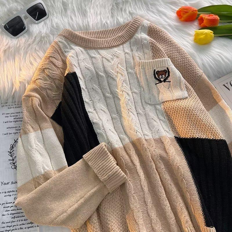 Autumn and winter thickened jacquard sweater Japanese retro contrasting color splicing sweater men s ins trendy brand pullover knitted sweater XXXL абрикосовый