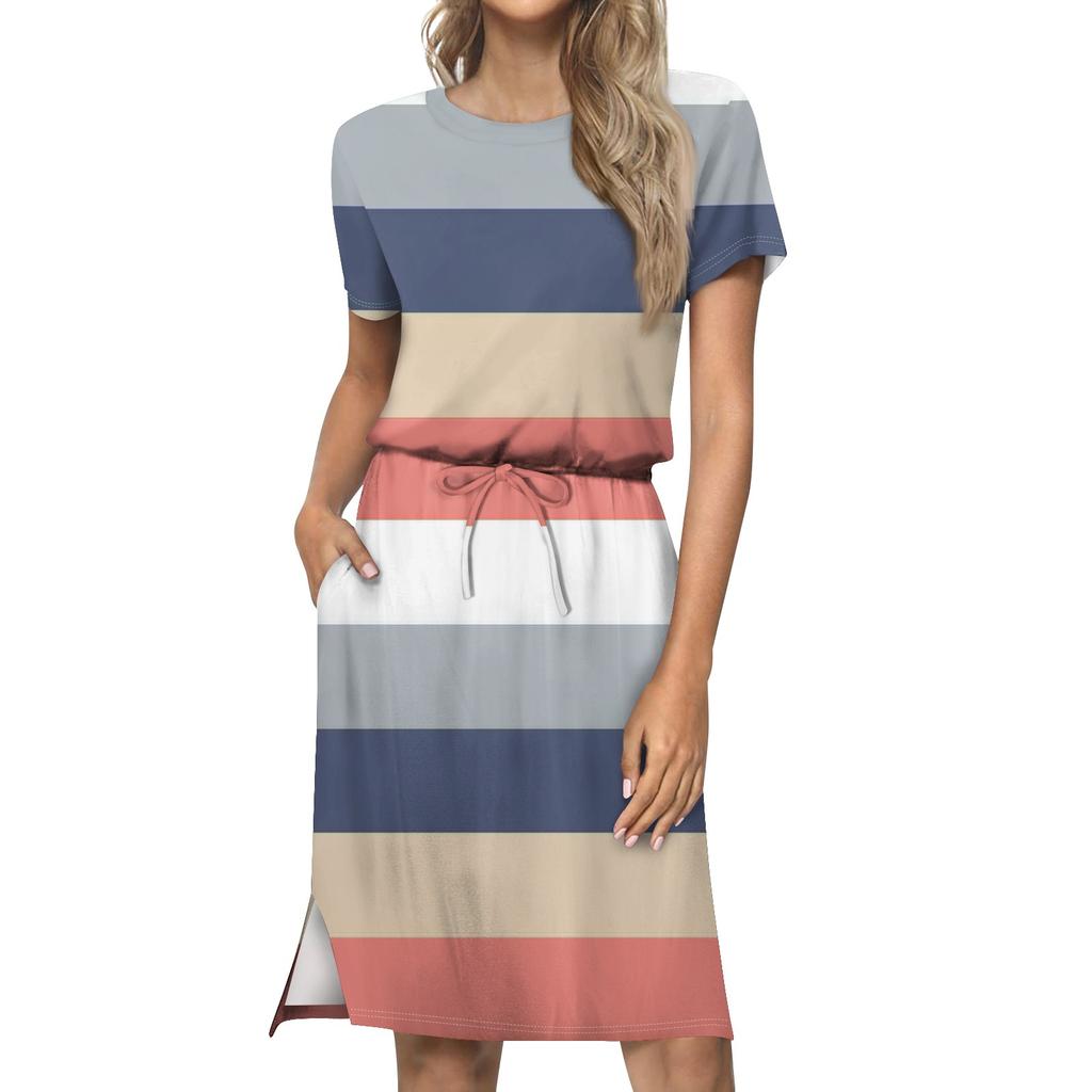 Women's Lashionable Loose Fitting Casual Printed Round Neck Short Sleeved Drawstring Pocket Dress