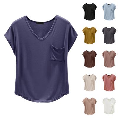 Damski luźny casualowy T-shirt z dekoltem w serek i kieszenią z krótkim rękawem na lato cienki krój pojedynczy top jednolity kolor warstwa wewnętrzna warstwa spodnia