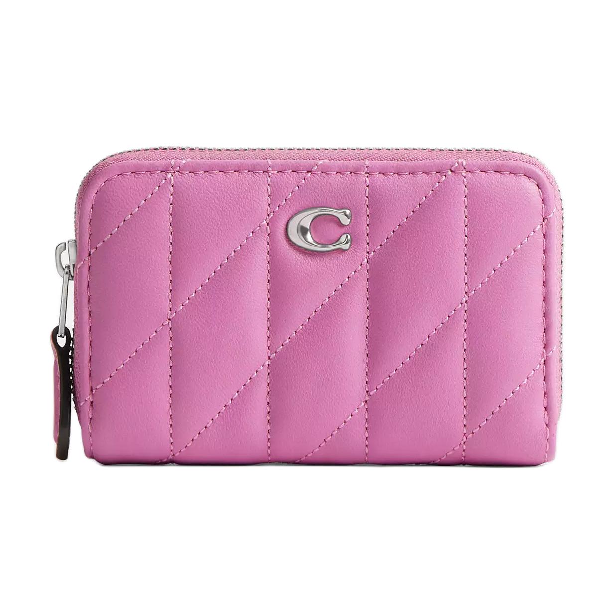Coach Essential 11 Brand Logo Stripe Zipper Wallet Napa Soft Leather Women wallet Silver Purple-Red CM505-LHDB8 Silver & Fuchsia