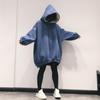 Fashion Korean Loose Mid-length Long Sleeve Retro Solid Color Casual Hooded Plush Thick Sweatshirt