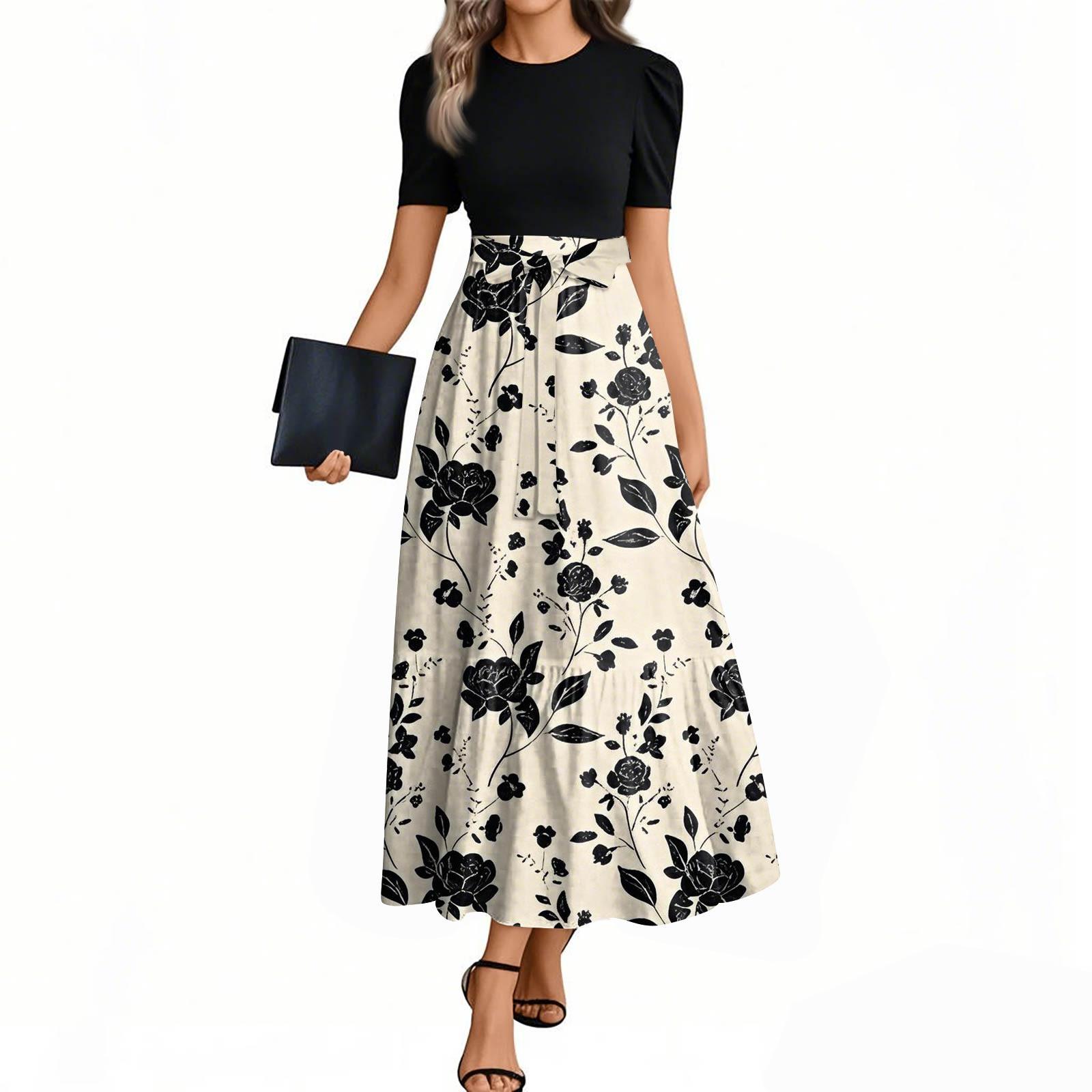 

Женские модные повседневные платья с поясом, короткими рукавами и круглым вырезом, с принтом, элегантные, темпераментные XXL