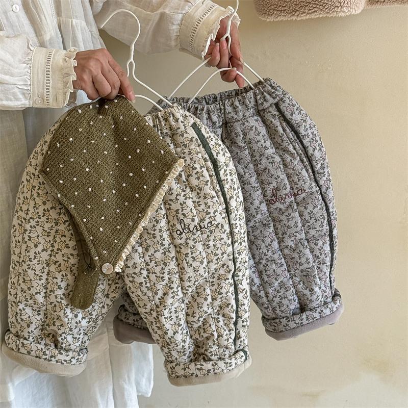 Winter Children Printed Embroidery Thicken Pants Korean Style Baby Girls Casual Warm Cotton-padded Trousers