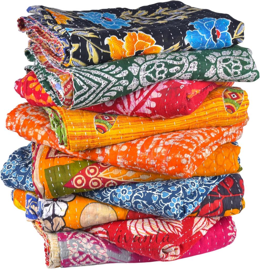 Handmade Kantha Quilt in Cotton Reversible Twin Size Bedspread for Bedroom Decor - Artisan Soft Throw Blanket in Assorted Multicolor Folk Art Style