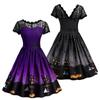 Charming Women Short Sleeve Halloween Retro Lace Vintage Dress Featuring A-line Pumpkin Design