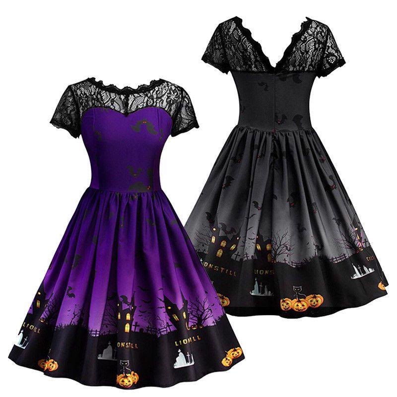 Charming Women Short Sleeve Halloween Retro Lace Vintage Dress Featuring A-line Pumpkin Design