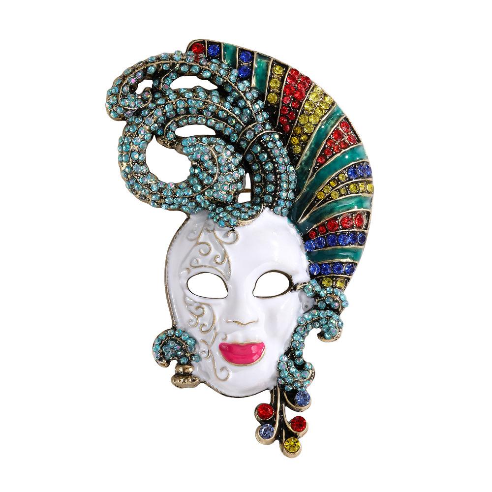 Heavy Industry Design Full Diamond Mask Brooch Creative Face Vintage Winter Coat Jacket Pin Brooch