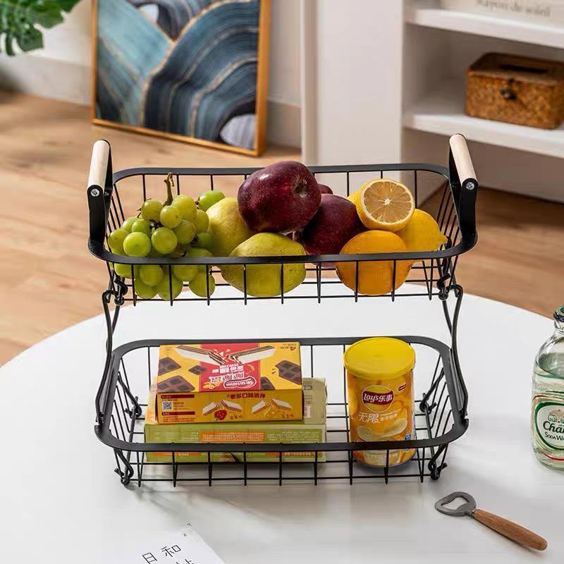 Fruits Vegetables Basket Metal Countertop Organizer Holder Kitchen Dining Room Portable 2 Tiers Fruits Snacks Storage Rack