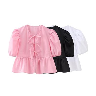 Women Summer Blouse Solid Lace Up Shirt Vintage O-Neck Short Puff Sleeves Female Chic Crop Top