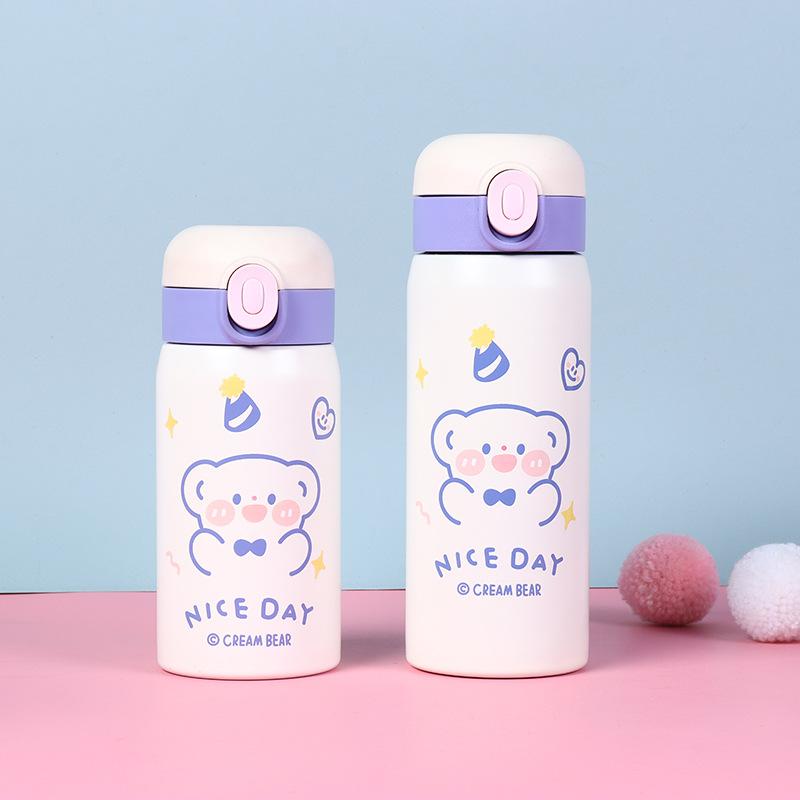 Cute Bear Insulated Water Bottle 304 Stainless Steel Double Wall Vacuum Flask Portable Leak-Proof Travel Mug For Students Kids