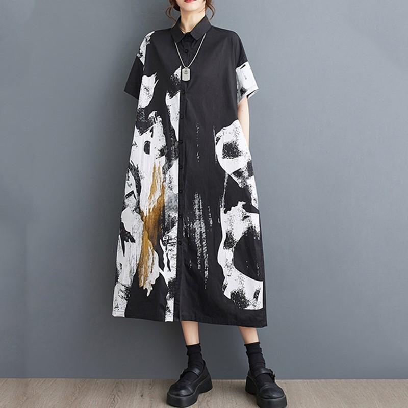 Vestidos vintage de algodón de talla grande y manga corta para mujer, vestido camisero largo holgado informal de verano