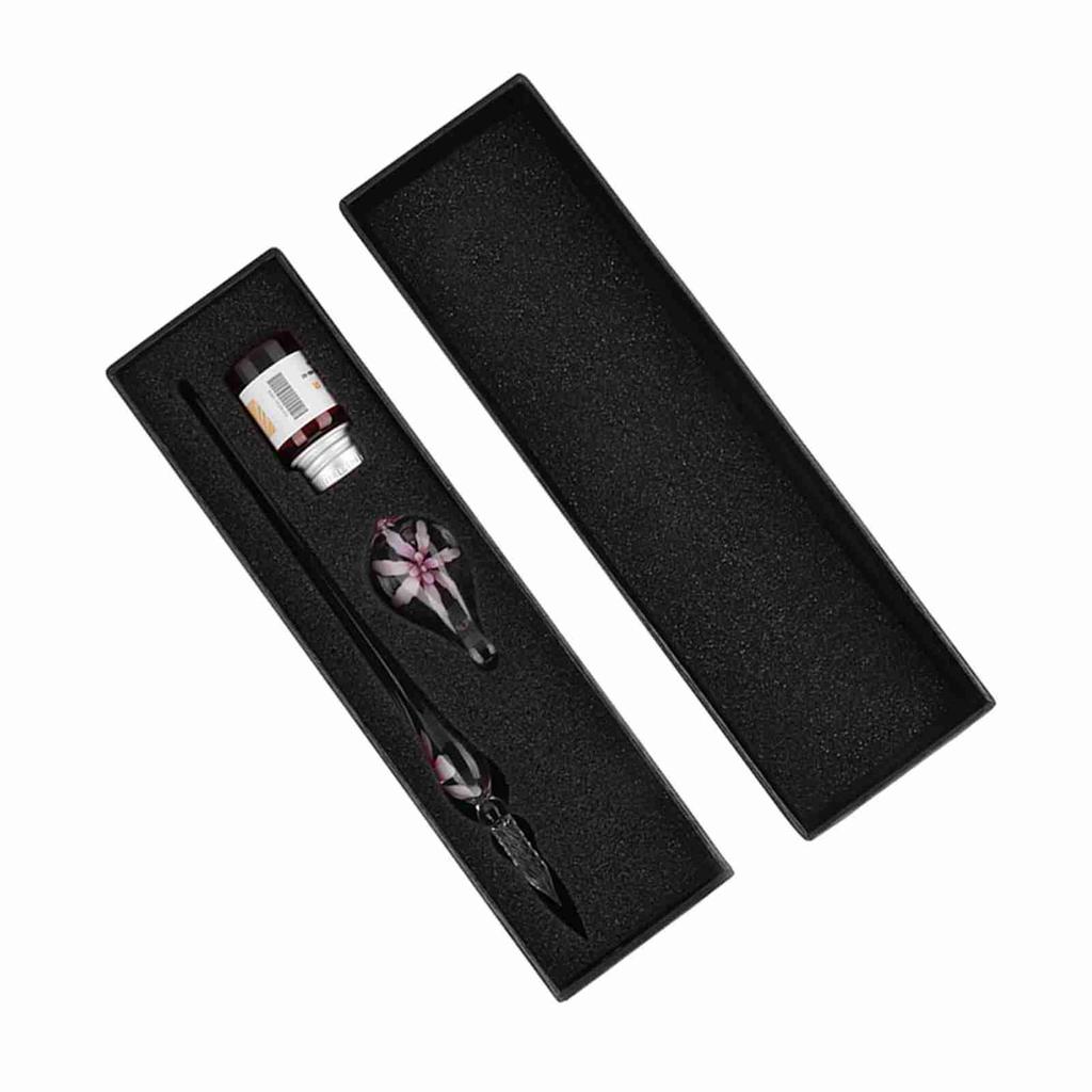 Retro   Elegant Flower Glass Dip Pen Signature Ink Fountain Pen with Ink Penholder Pink
