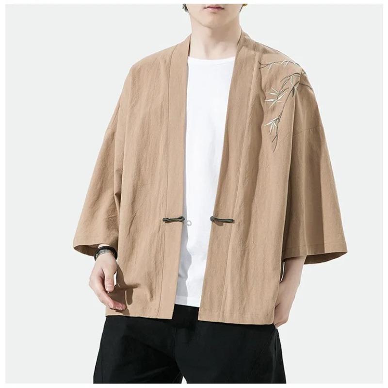 Summer Men's Cardigan Japanese Kimono Samurai Costume Clothing Bamboo Embroidered Kimono Shirt Yukata Haori Casual Coat