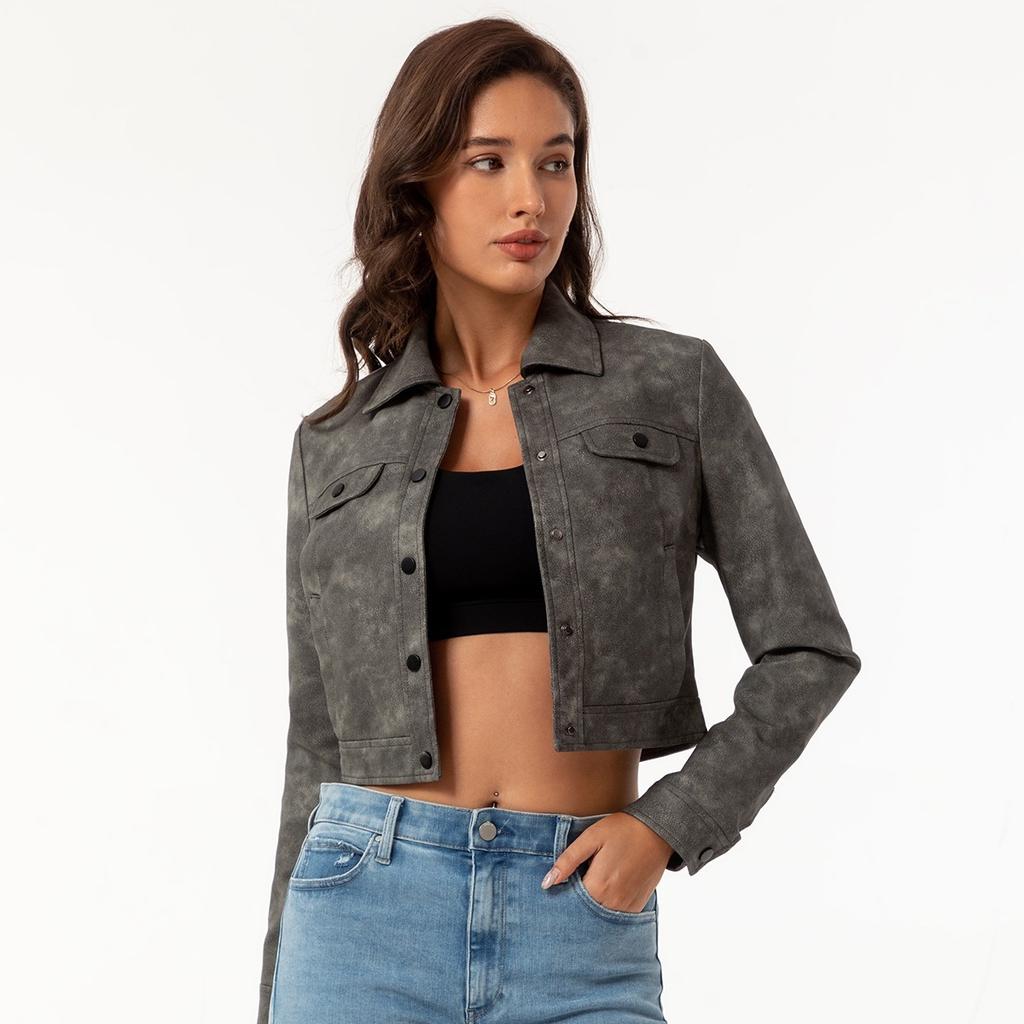 2024 spring and autumn new thin leather jacket women's multi-pocket cardigan casual jacket European and American fashion popular daily coat