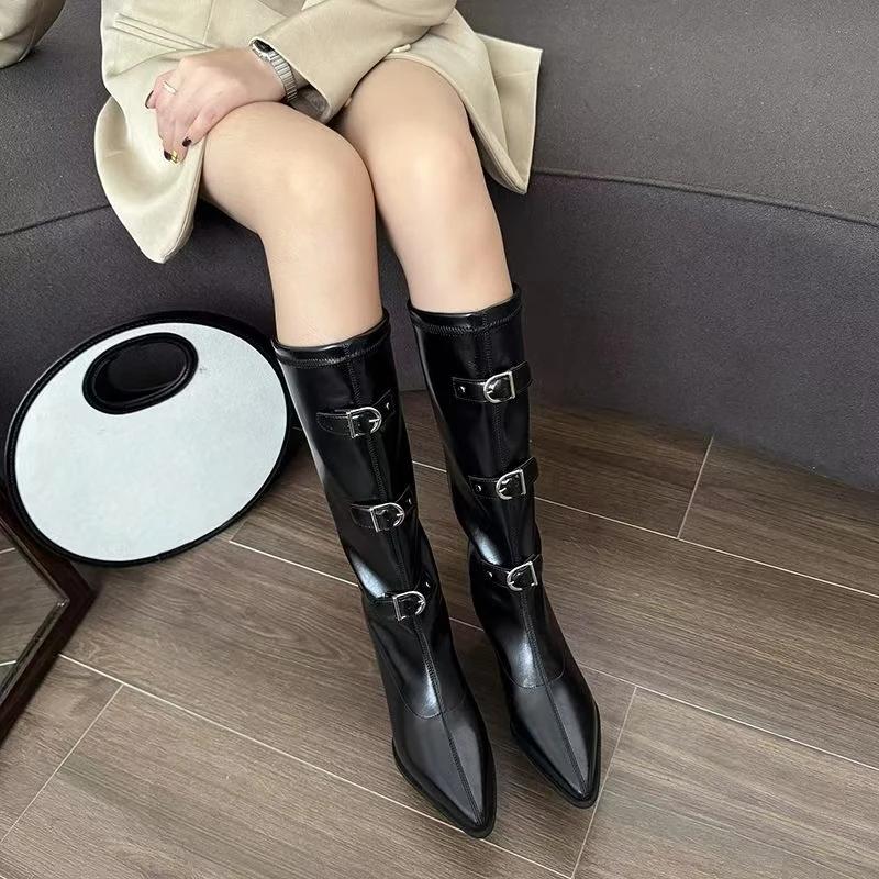 2026 Pointed High Heels Western Cowboy Fashion Boots Belt Buckle Knight Boots