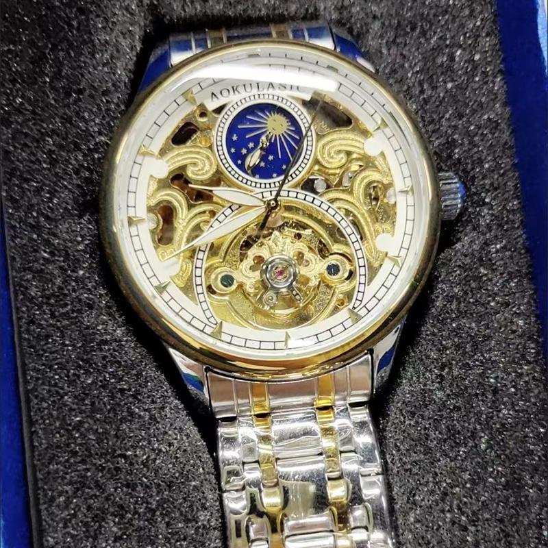 Royal Gold Skeleton Automatic Watch for Men Luxury Tourbillon Mechanical Watches Stainless Steel Strap Luminous Clock