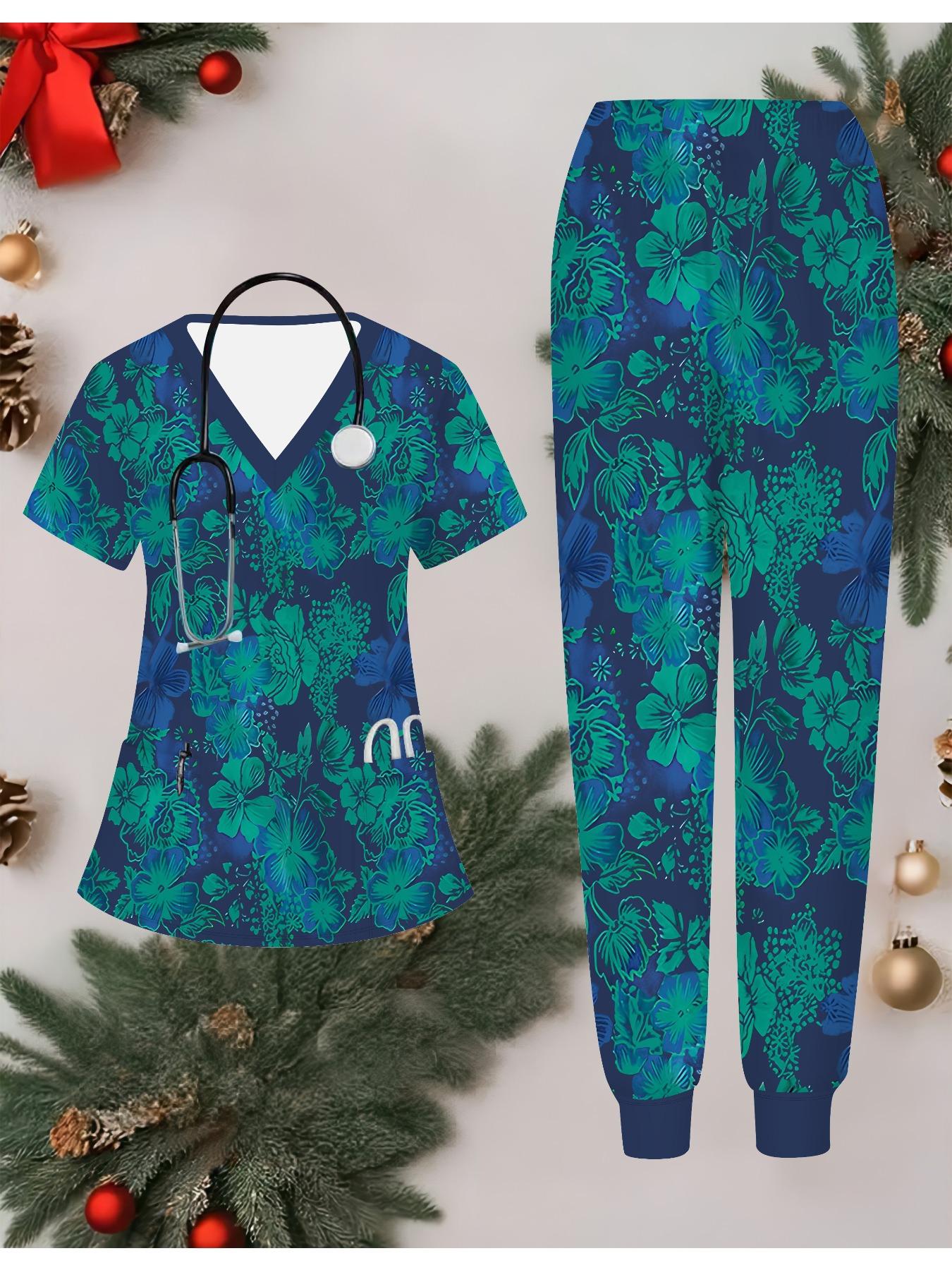 

Женский комплект медсестры с 3D геометрическим принтом, короткий рукав, длинные брюки с карманом, повседневный модный рождественский подарок XXL зелёный