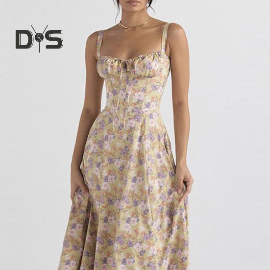 Damesjurk Laag uitgesneden rugloze mouw Bloemenprint Hoge strakke taille Hoge split Zomer Midi-jurk Feestgala Strandjurk