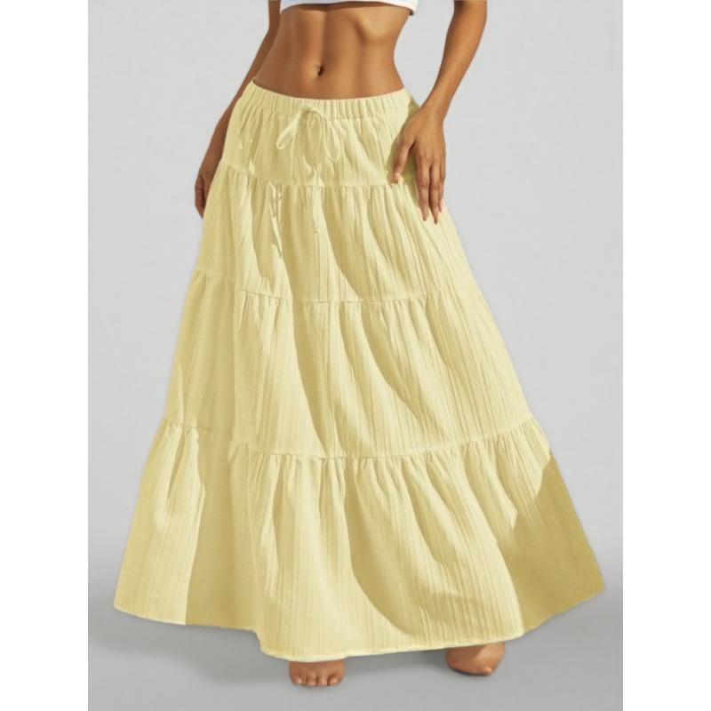 2025 Summer Fashion Lace-up Big Swing Skirt Loose Elegant Casual Simple A-line Ruffled Party Long Skirts Sweet Simple Party Office Clothing