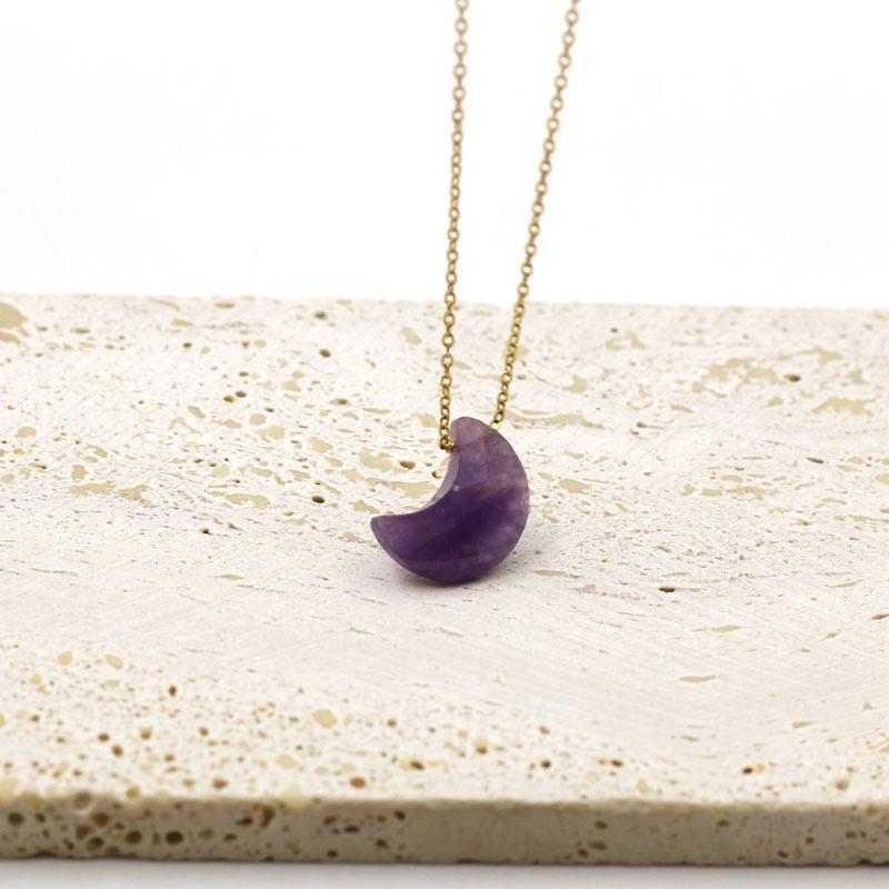 Elegant Natural Stone Moon Pendant Necklace with Stainless Steel Chain for Women